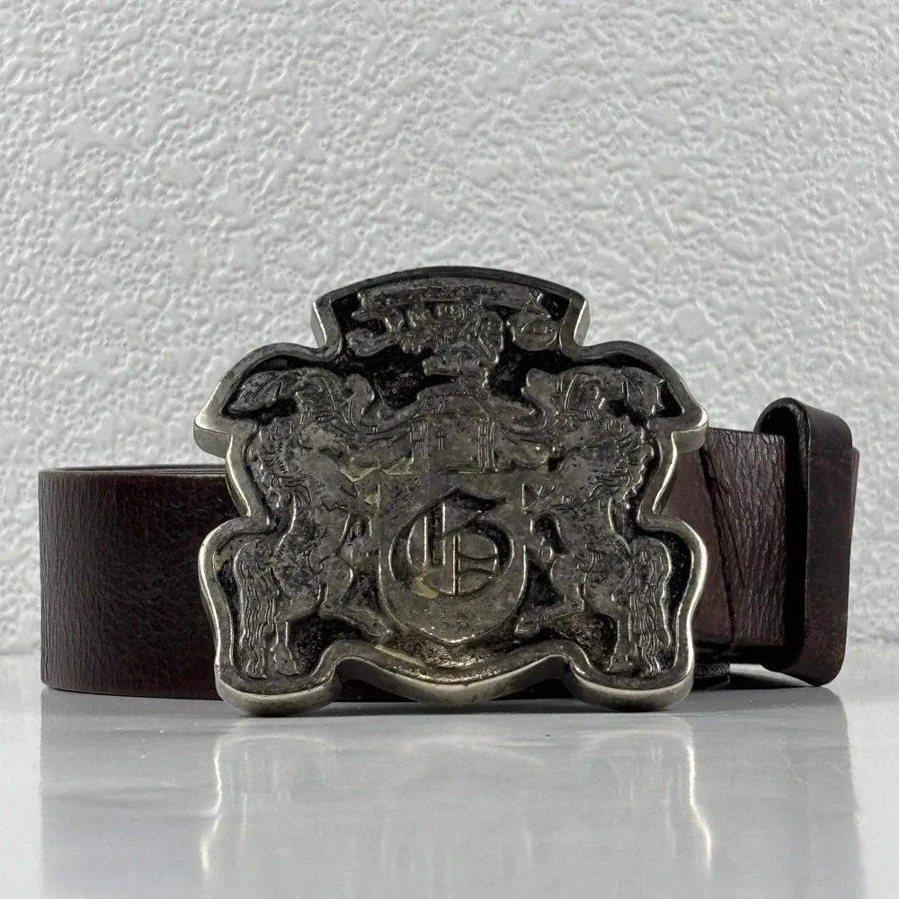 Vintage Horse Crest Large Buckle Belt Mens 32 Brown Leather Silver Tone Heraldic
